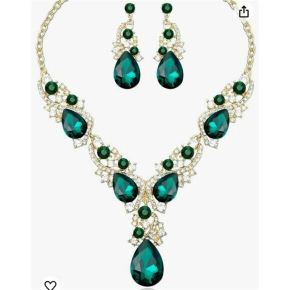 Green Necklace Set Crystal Rhinestone Emerald Green Wedding Bridal Prom Jewelry - Picture 1 of 2